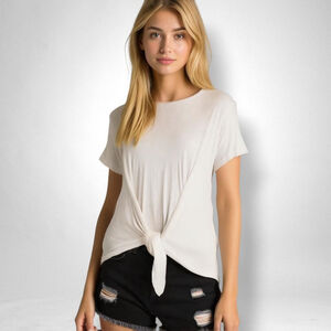 AnyBody XS Cozy Knit Slub Cream Beige Faux Wrap Tie Front Short Sleeve T-shirt